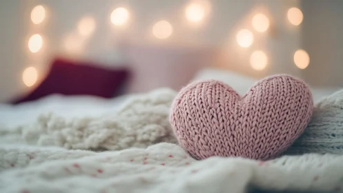 Knitted Pink Heart Nestled in Cozy Textile Dreamscape.