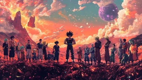 Warriors stand united on glowing alien battlefield at dusk