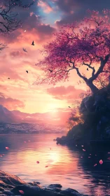 Digital painting of sakura shoreline at luminous sunset glow.