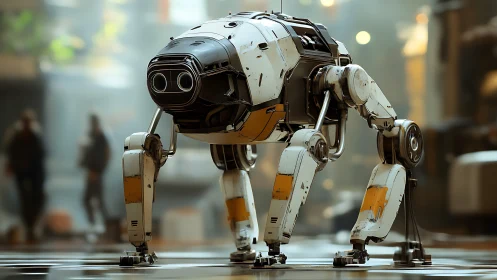 Quadruped reconnaissance droid with worn white chassis