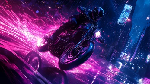 Cyberpunk neon rider carving velocity through wet skyline streets.