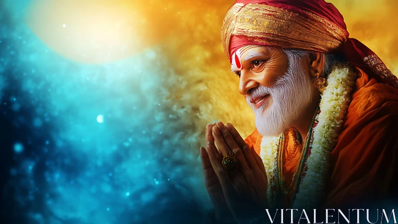 Digital portrait of elderly guru in orange robes with folded hands