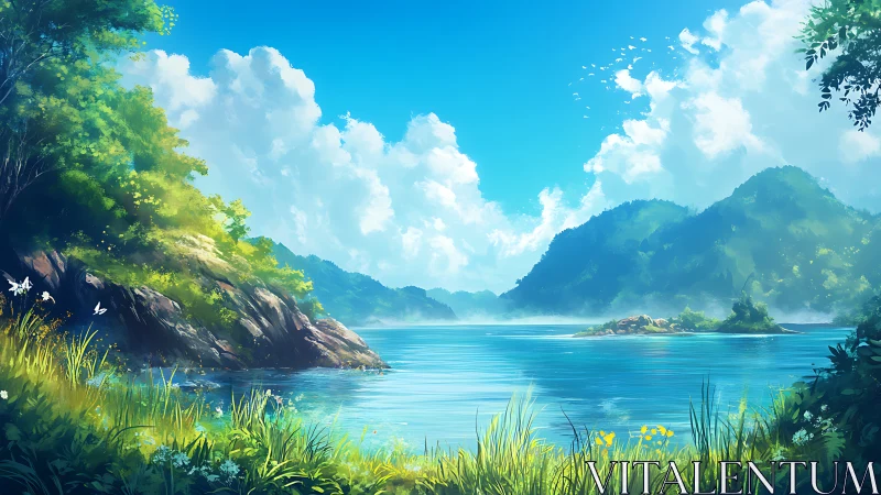Mountain Lake Landscape with Lush Vegetation and Blue Sky.