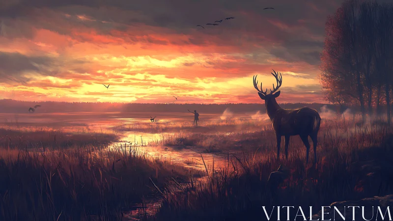 Digital painting of stag at marshland sunset with mist layers.