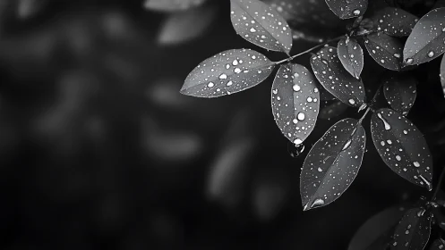 Monochrome close-up shows wet elliptical leaves in focus
