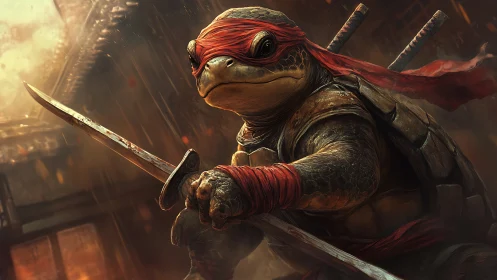 Battle ready turtle warrior with red bandana and swords.