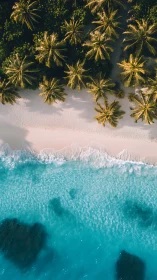 Aerial view of coconut palms dispersed across white sand beach with turquoise water
