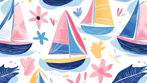 Colorful stylized sailboats repeat across white floral background
