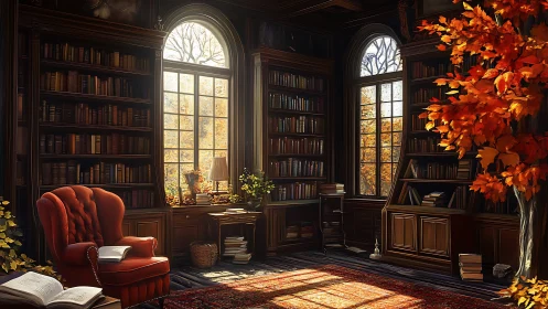 Autumn-lit library haven with a crimson reader&rsquo;s throne.
