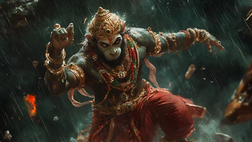 Simian warrior deity in mid-air kinetic combat tableau.