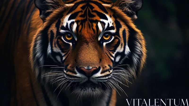 Symmetric close-range tiger portrait with low-key tonal control.