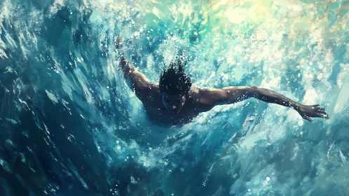 Swimmer cuts through crashing teal waves in radiant light
