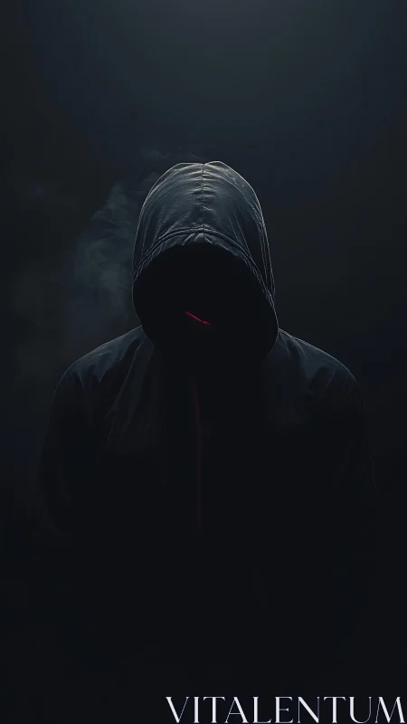 Hooded shadowed figure stands in eerie cinematic darkness