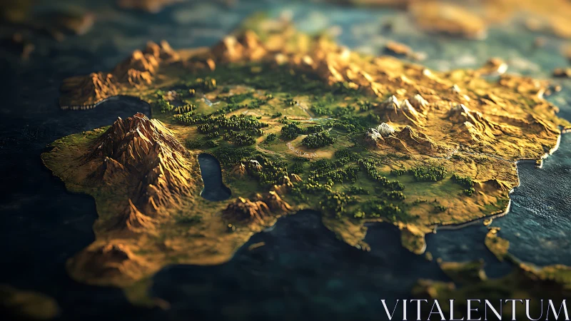 Fantasy continent relief map under dramatic warm light.