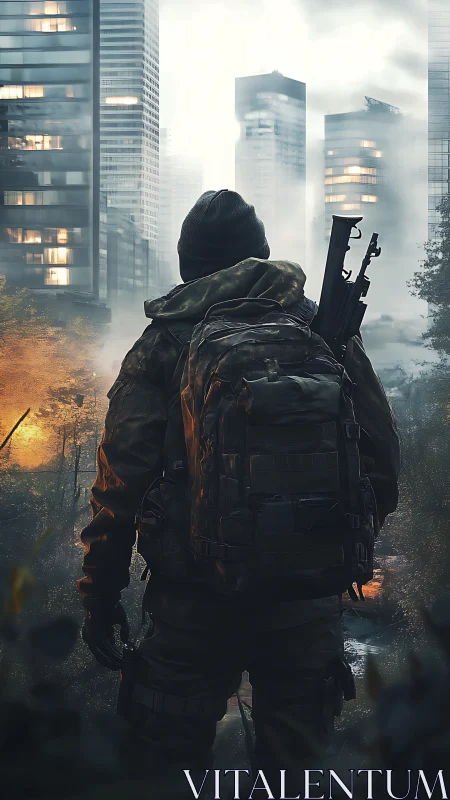 Armed figure in tactical gear facing foggy city ruins.