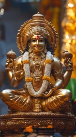 Golden Hindu deity sculpture with garlands in temple setting.