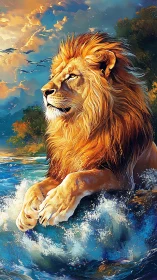 Majestic golden lion emerging through turbulent ocean surf