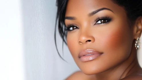 Elegant close-up portrait of woman with flawless makeup, soft lighting.