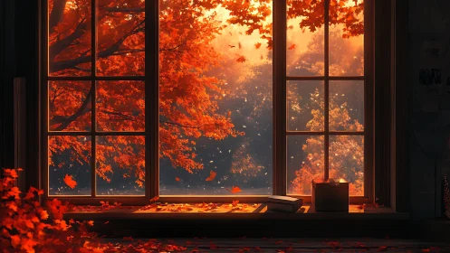 Window view of dense autumn foliage with interior objects.