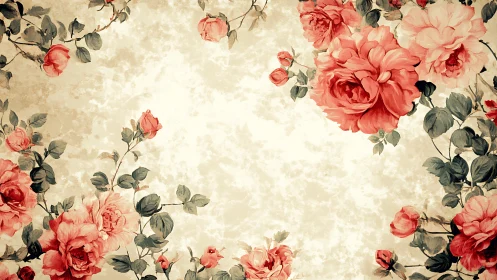 Vintage floral border with desaturated roses on mottled paper ground