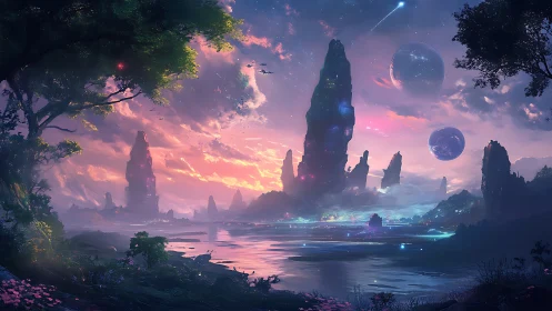 Dreamlit alien shores under glowing crystal spires.