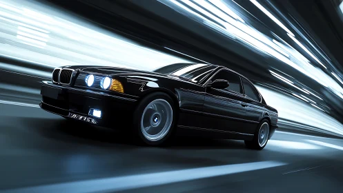 Black sedan moves at high speed through illuminated tunnel