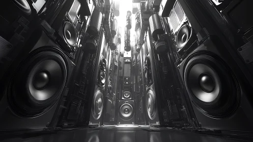 Monochrome corridor of stacked high power audio speakers.