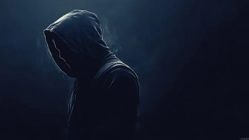 Hooded figure in quiet blue shadows of late night reflection.