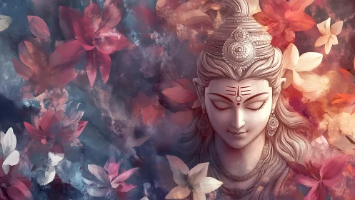 Serene divine figure portrait amid soft floral clouds.