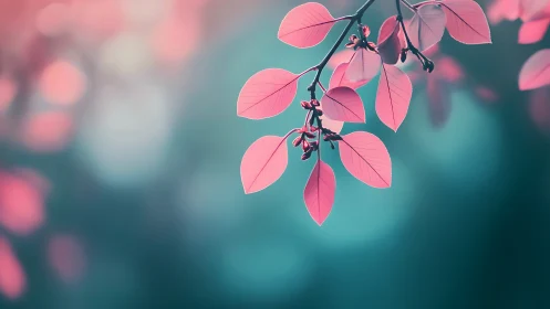 Selective focus on pink leaves against teal bokeh background