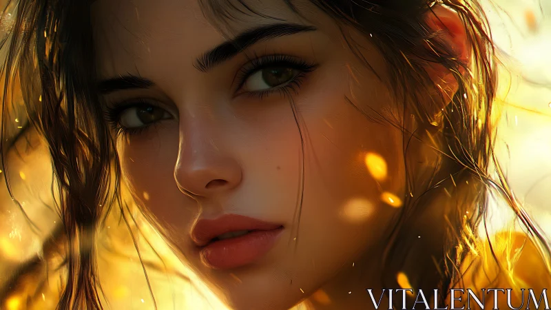 Woman&rsquo;s close-up portrait in warm golden backlight glow.