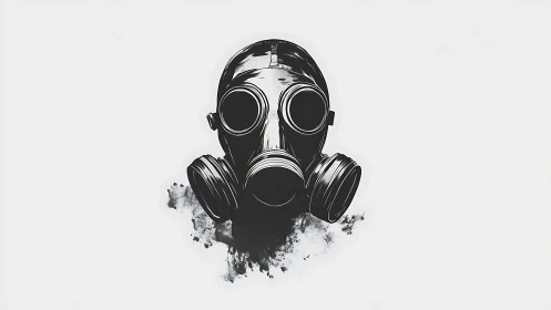 Bold gas mask artwork wrapped in inky monochrome drama.