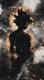 Silhouetted spiky-haired warrior in gilded cosmic dust field