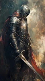 Armored knight with sword and red cloak in dark scene.