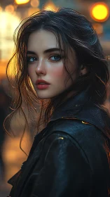 Cinematic portrait of wet-haired woman in leather jacket, bokeh lights