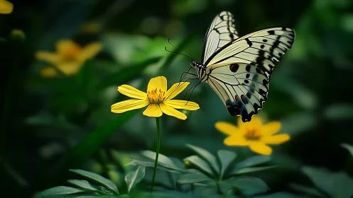 Delicate white butterfly rests on vivid yellow garden bloom.