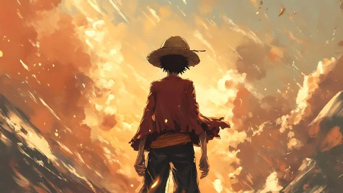 Straw hat figure facing luminous sky and dynamic clouds.