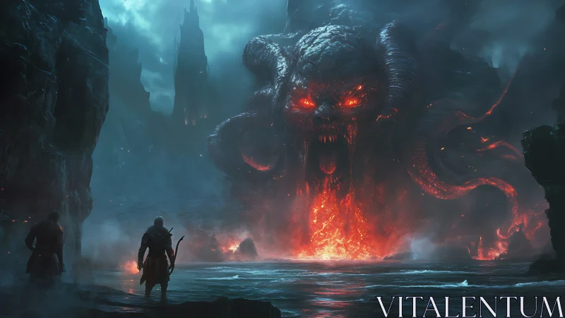 Brave adventurers face a glowing lava sea monster.