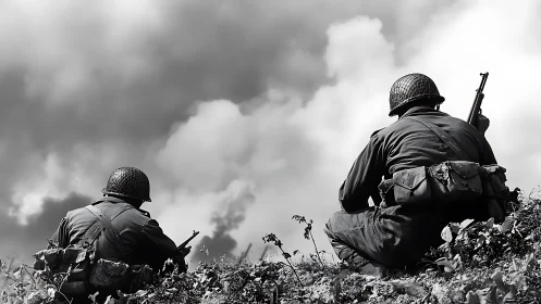 Wartime soldiers crouch under stormy clouds in stark monochrome.