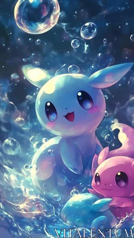 Playful water sprites sharing bubbly, glowing wonder together.