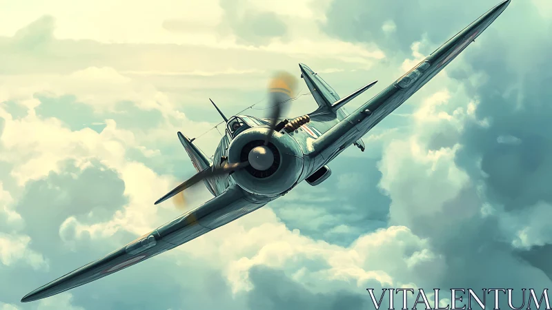 Single propeller fighter aircraft in cloudy sky background.