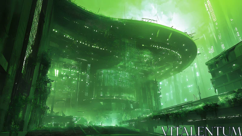 Futuristic green megastructure above layered urban platforms.