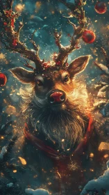 Digital painting of luminous Christmas reindeer portrait.