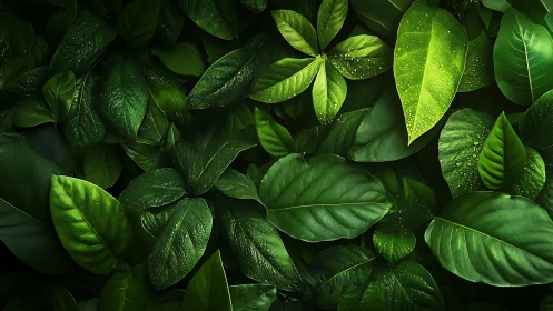High-resolution macro canopy of dewy tropical foliage layers.