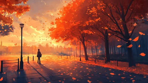 Solitary figure crossing a sunlit boulevard in vivid autumn.