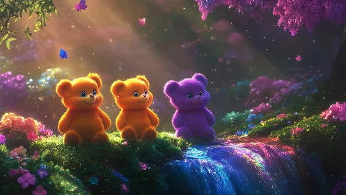 Rainbow brook bears bask in a pastel-sparkled dreamscape.