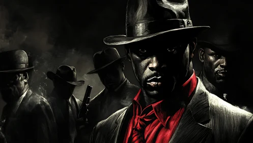 Group of suited men in hats stands in low-key dramatic lighting