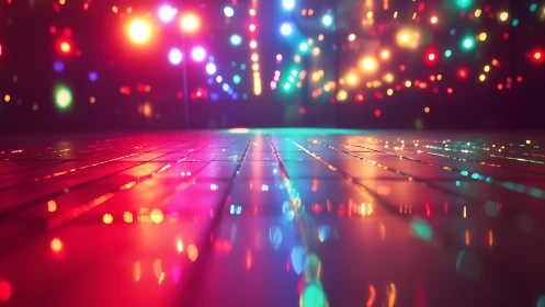Colorful illuminated dance floor under defocused party lights.