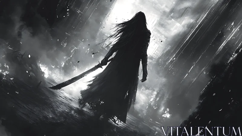 Backlit spectral swordsman in high-contrast ruinous corridor.