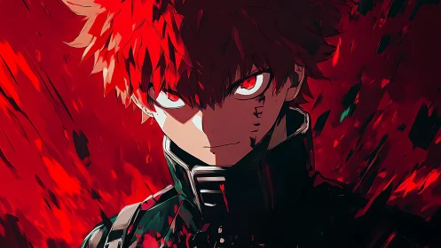 Intense red-haired anime fighter in dark battle stance.